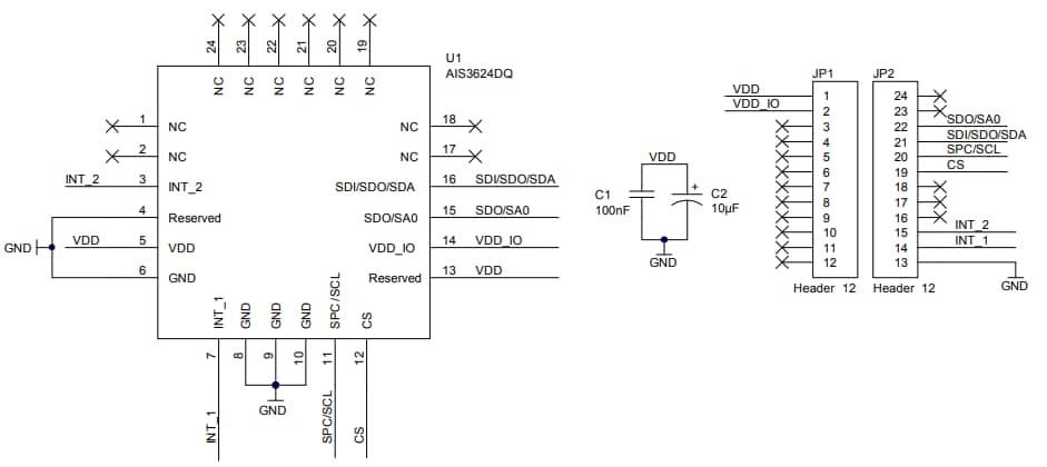 回路図 - STMicroelectronics STEVAL-MKI158V1 AIS3624DQ DIL24標準ソケット向けアダプタボード